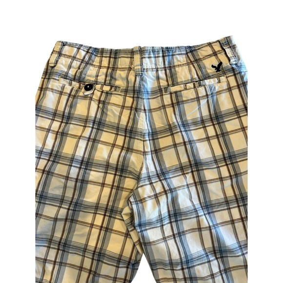 American Eagle shorts Men's Size 32 Plaid Shorts Longer Length White Blue Brown - Picture 8 of 8